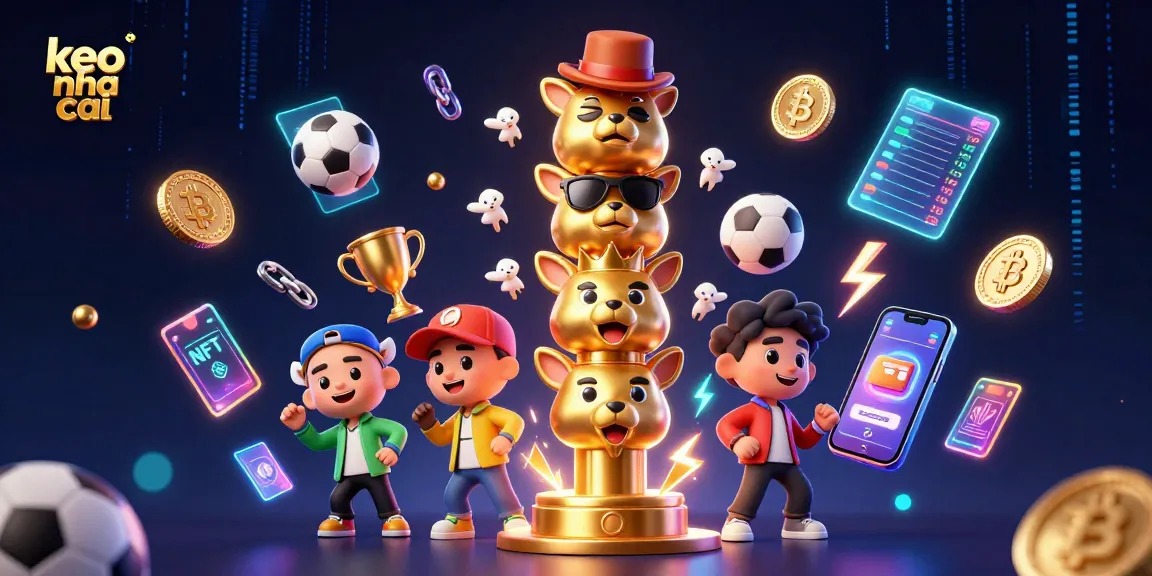 Bettors analyzing keo nha cai odds on a vibrant 3D illustration blending sports and cryptocurrency themes.