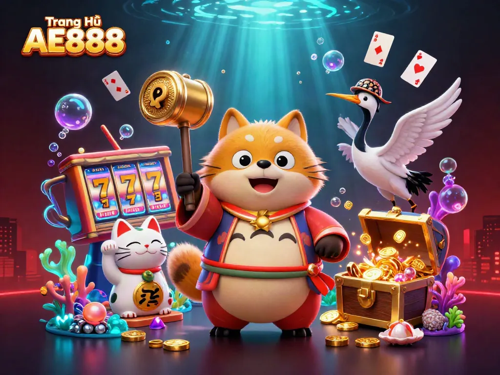 Engage with fun at Trang Chủ AE888 as lively tanuki & samurai crane celebrate wins in a colorful casino