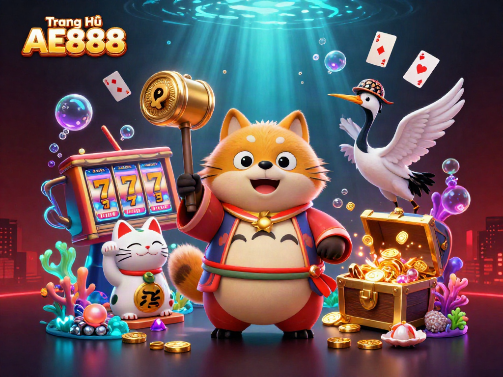 Engage with fun at Trang Chủ AE888 as lively tanuki & samurai crane celebrate wins in a colorful casino