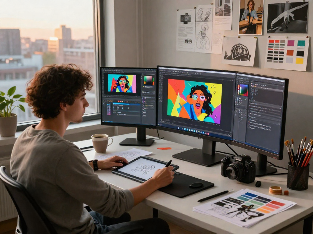 Creative workspace for designing NSFW AI content, featuring designer, digital art tools, and vibrant artworks.