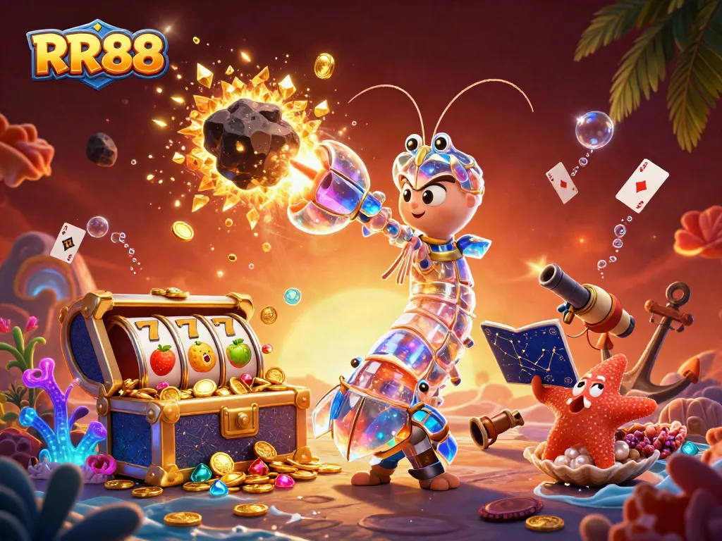 RR88 showcases a thrilling underwater scene with a mantis shrimp and starfish amidst exploding treasures and exciting slot elements.