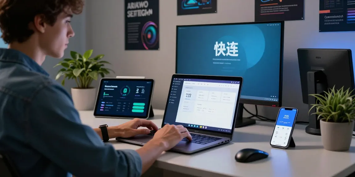 快连应用程序在现代办公环境中展示了网络连接的速度和安全性，突出技术支持和用户体验。