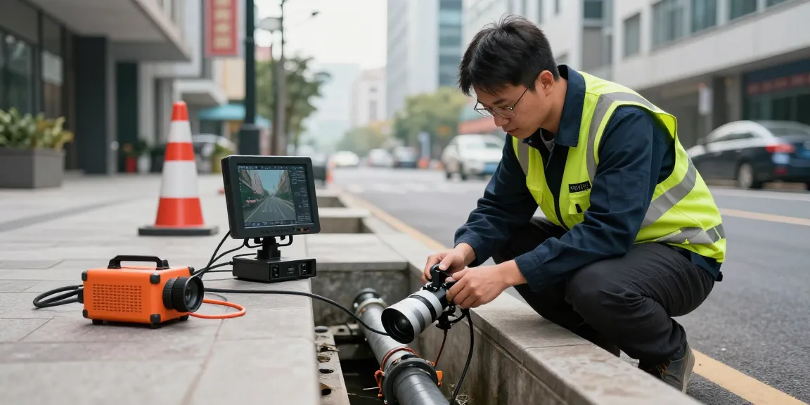 CCTV Drainage Surveys london Surrey technician inspecting sewer line with high-resolution camera in urban setting.