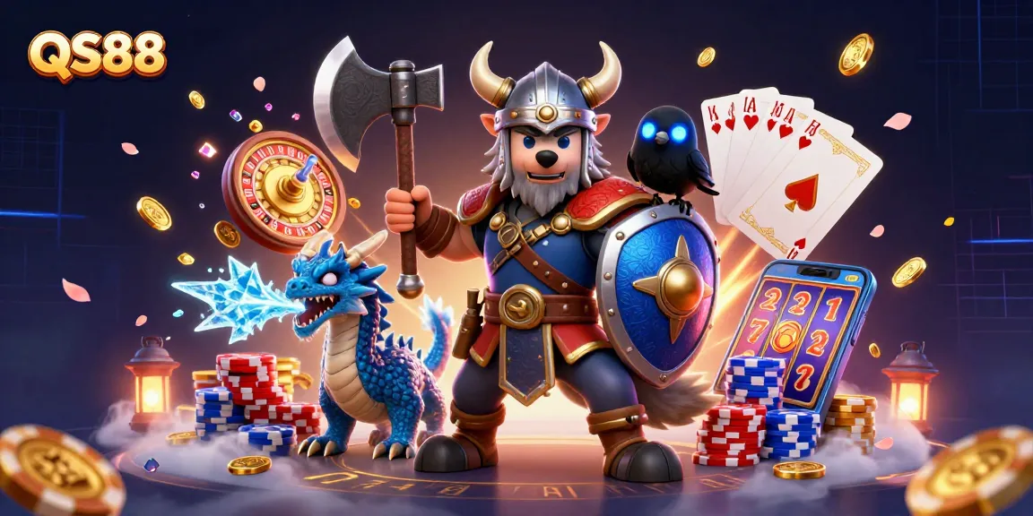 Spin and win at QS88 with Viking warriors, dragons, and treasure in a vibrant casino scene.
