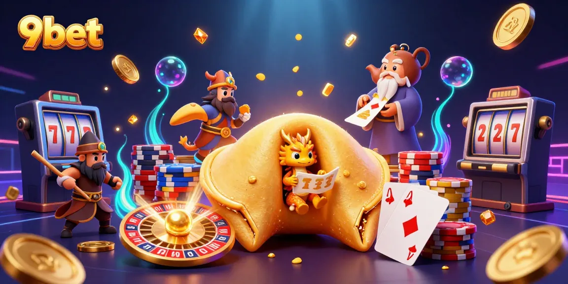 Experience thrilling gameplay at 9bet with a dynamic illustration of a golden fortune cookie and a wise dragon.