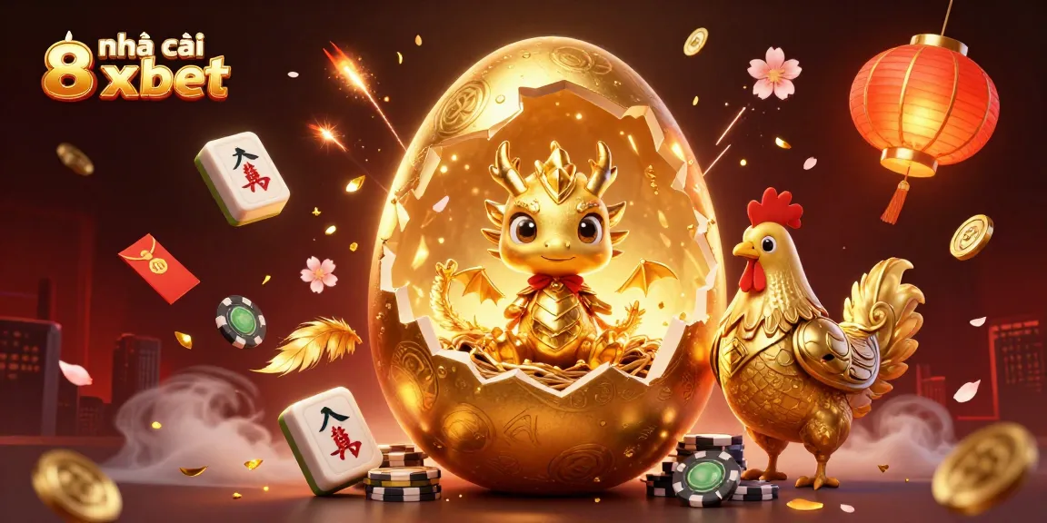 Experience excitement at nhà cái 8xbet with golden dragon and poker chips amidst festive elements.