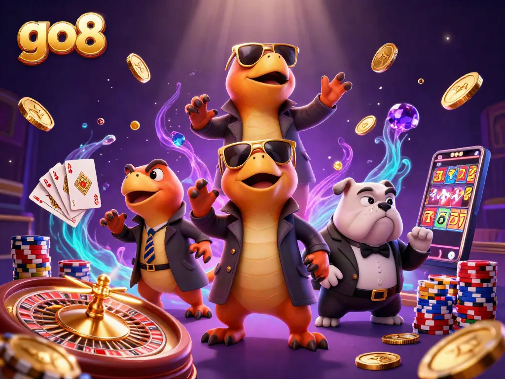 Experience go8 in action with playful raptors entering a VIP casino, brimming with coins and lights.