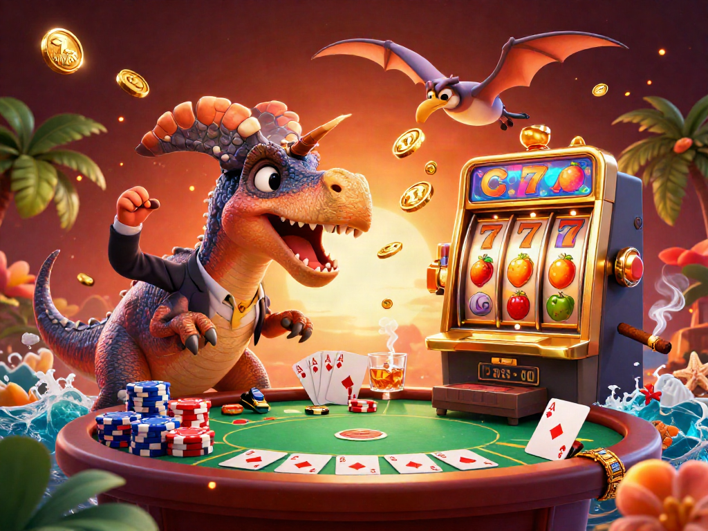 78win engages players with a thrilling 3D illustration of a pachycephalosaurus triggering a jackpot in a vivid casino scene.