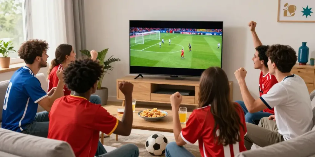 Socolive viewers celebrating in a lively living room with a live soccer match displayed on TV.