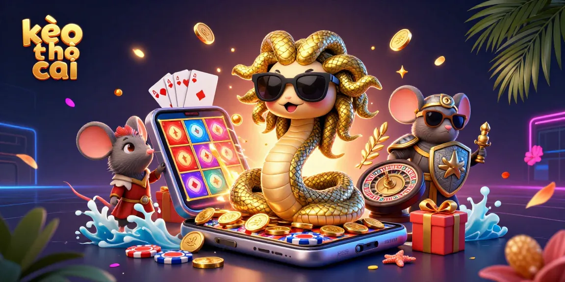 Engage with kèo nhà cái as Medusa and a stone-shield mouse conquer the gaming scene, filled with casino elements.