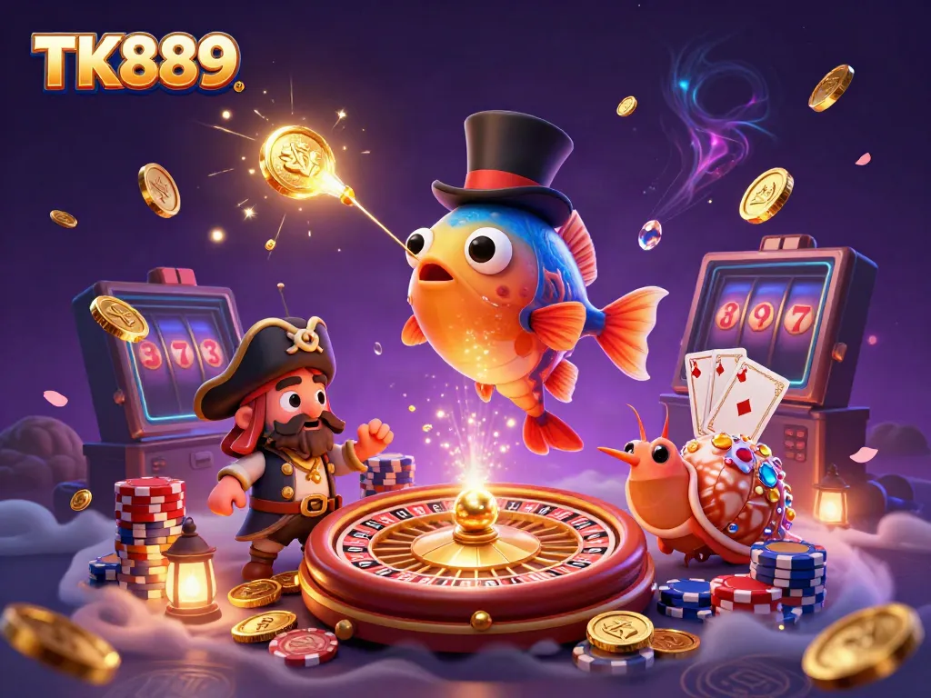 Join the thrilling world of TK889 with our 3D anglerfish and pirate-themed casino illustration showcasing vibrant games and treasures.