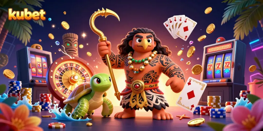 Experience the thrill of kubet with vibrant 3D characters and casino elements in an immersive scene.