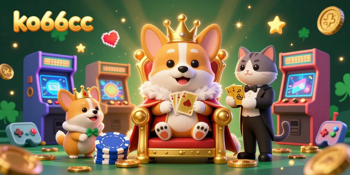 Join the fun at ko66cc with a royal corgi and a cat butler in a vibrant casino scene.