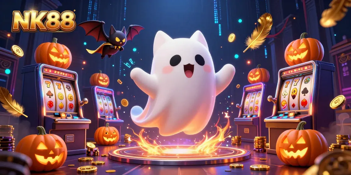 Experience NK88's thrilling ghostly adventure through a haunted casino filled with vibrant slots and treasures.