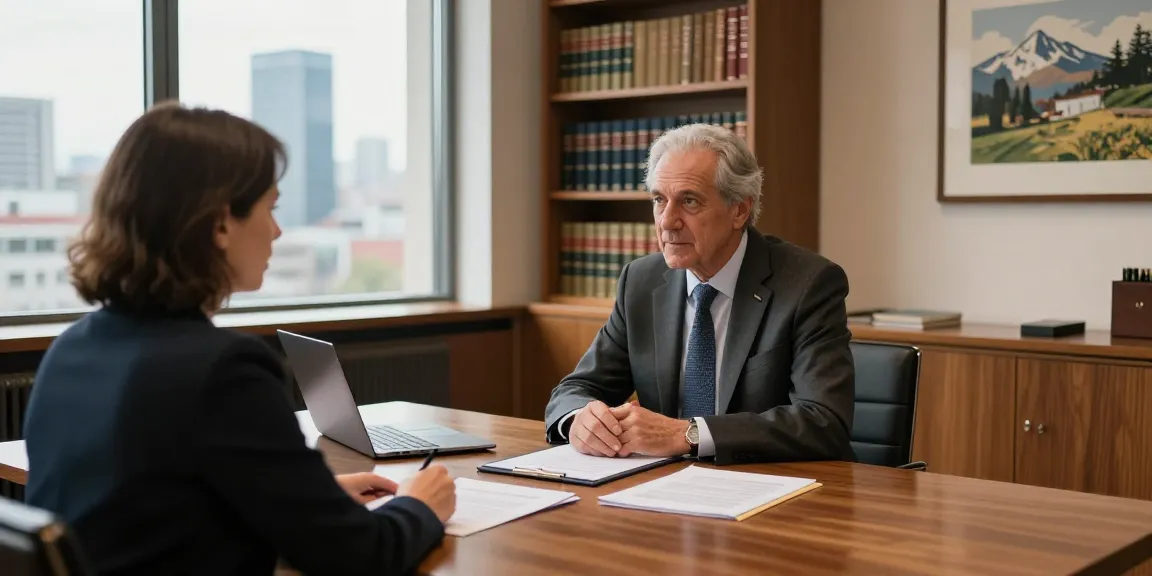 Valken Legal consultation in Swiss office, experienced lawyer discussing legal matters with a client.