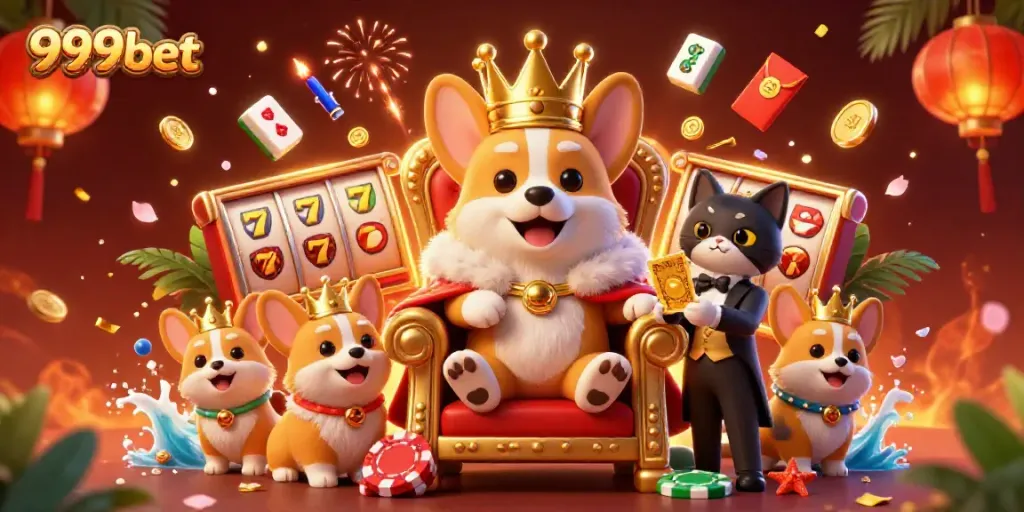 Experience the vibrant world of 999bet with a royal corgi and gaming elements in a captivating casino scene.