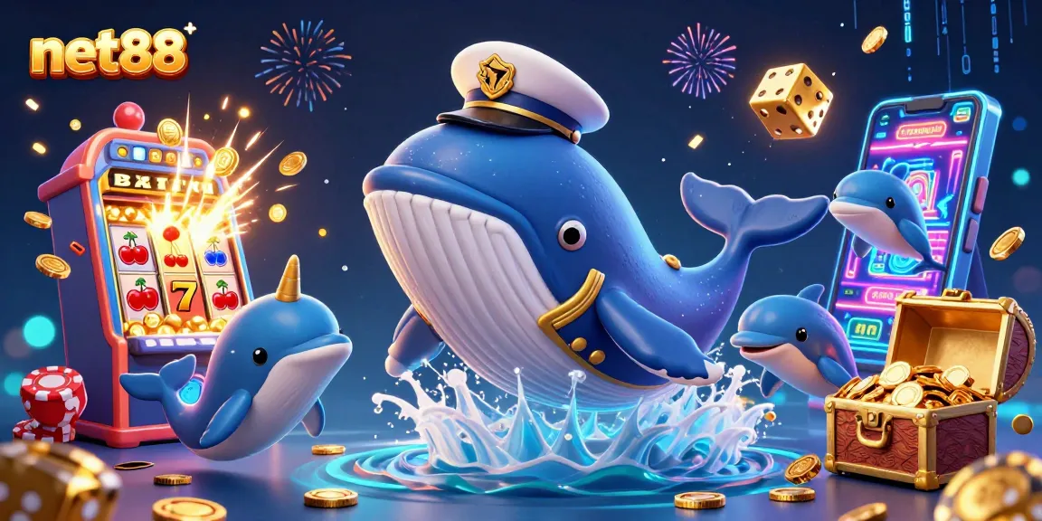 Experience net88 with an exciting visual of a cartoon whale and friends amidst a jackpot scene