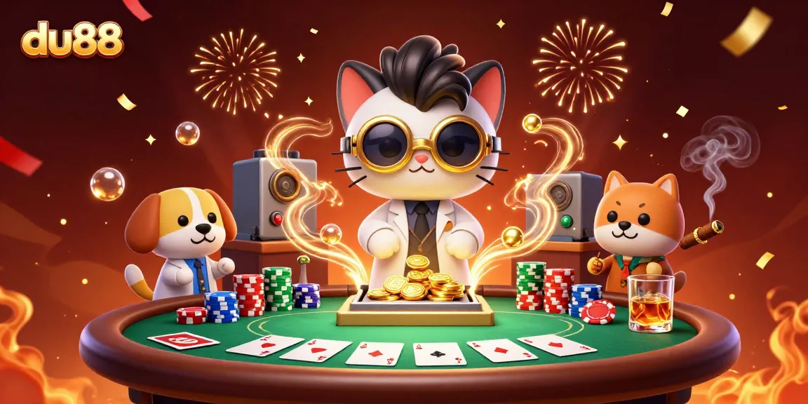 Engage with du88 through a vibrant 3D casino scene filled with playful characters and poker elements.