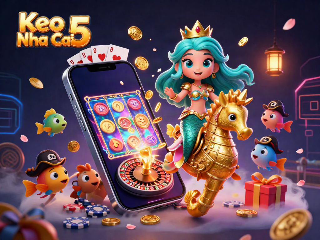 Experience the magic of Keo Nha Cai 5 with a dynamic 3D casino scene featuring a mermaid, seahorse, and gaming elements.
