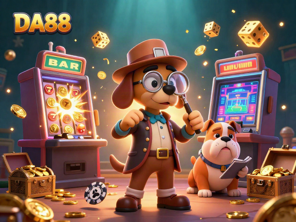 DA88 players investigating treasure clues amid dynamic casino elements and vibrant graphics.