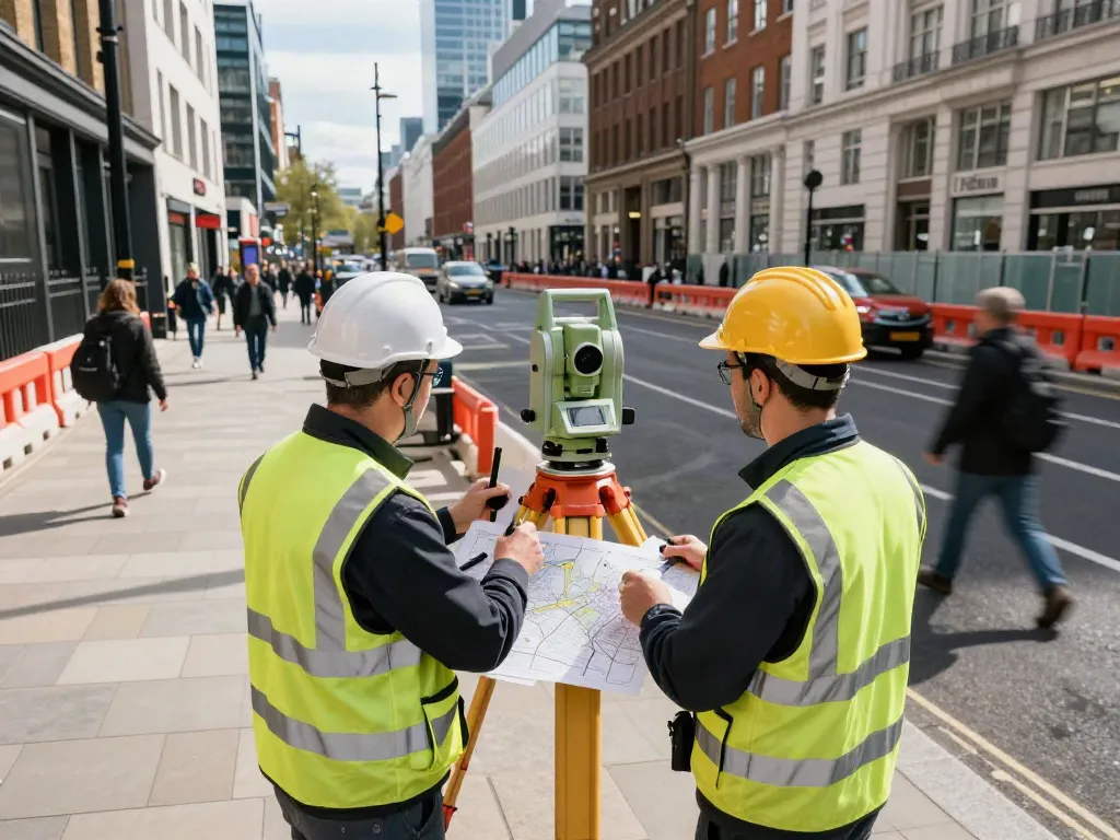 Topographical Survey London in action, professional surveyors using advanced equipment on a busy city street, showcasing urban architecture.