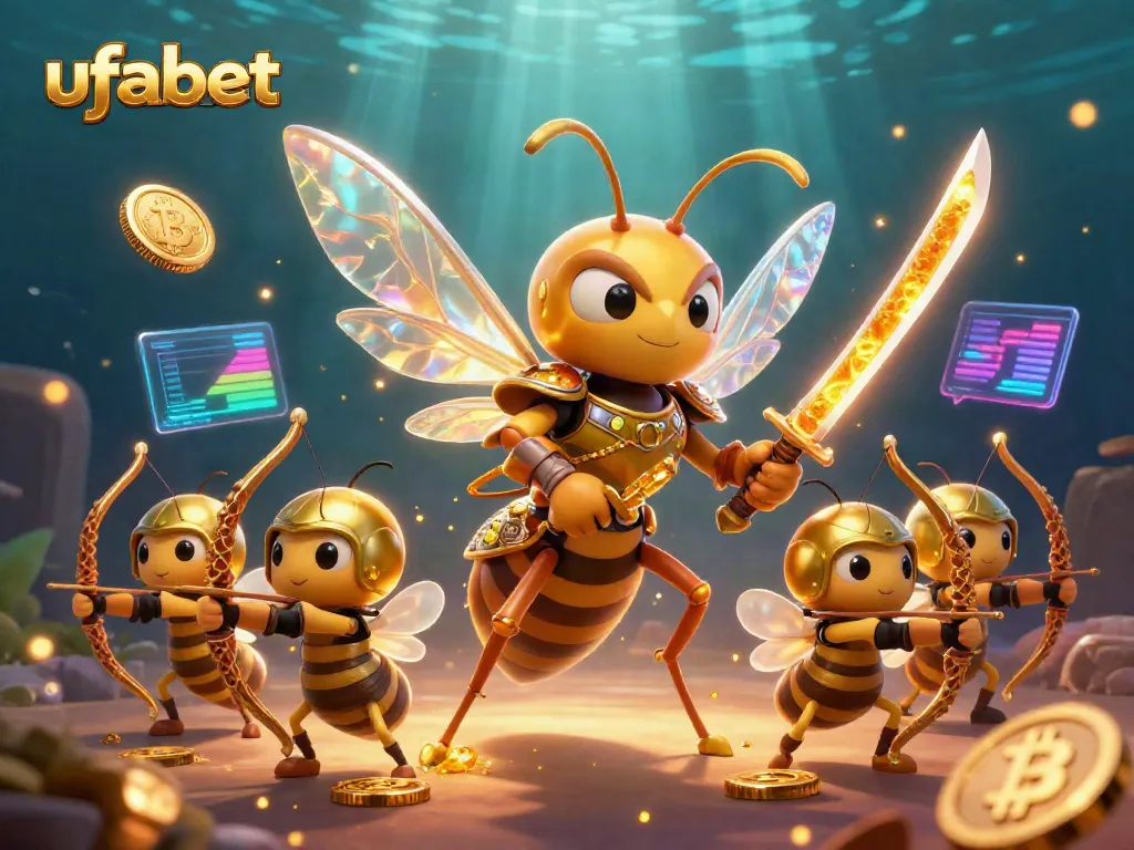 Experience the thrill of ufabet with a dynamic scene featuring a hornet in samurai armor, surrounded by glowing crypto coins.
