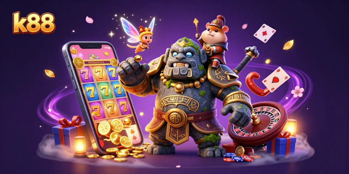 Play exciting slot games with k88 in a dynamic casino scene featuring magical characters.
