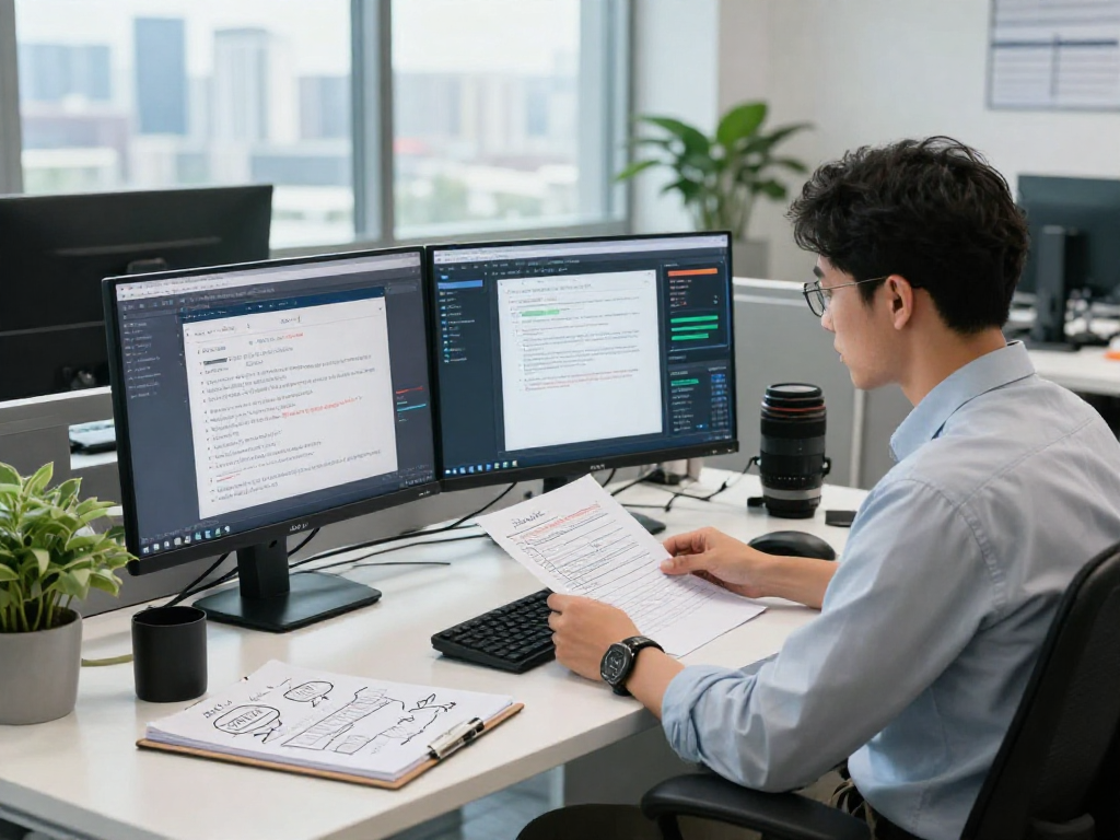 Expert in document fraud detection analyzing digital reports in a modern cybersecurity office.