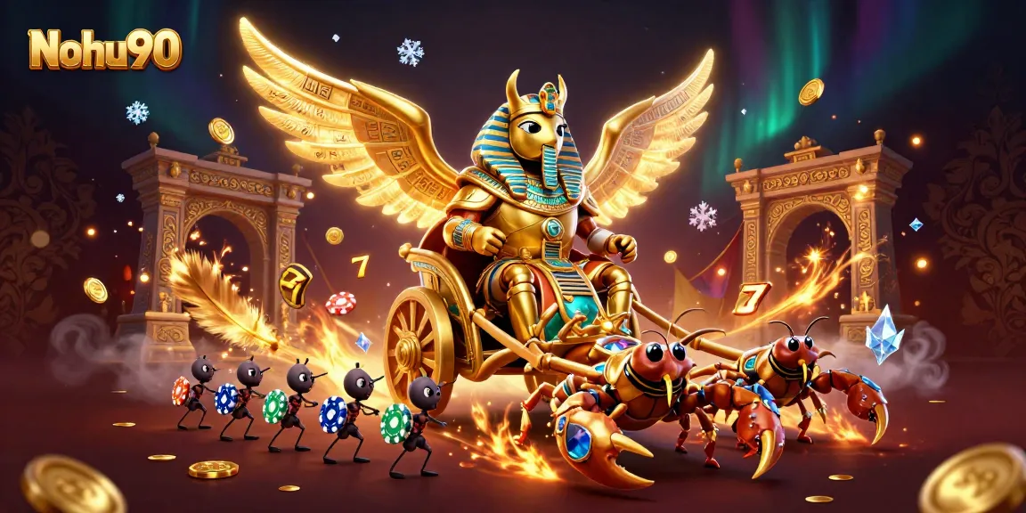 Nohu90 offers exciting slots in a vibrant 3D casino scene featuring a golden scarab beetle.