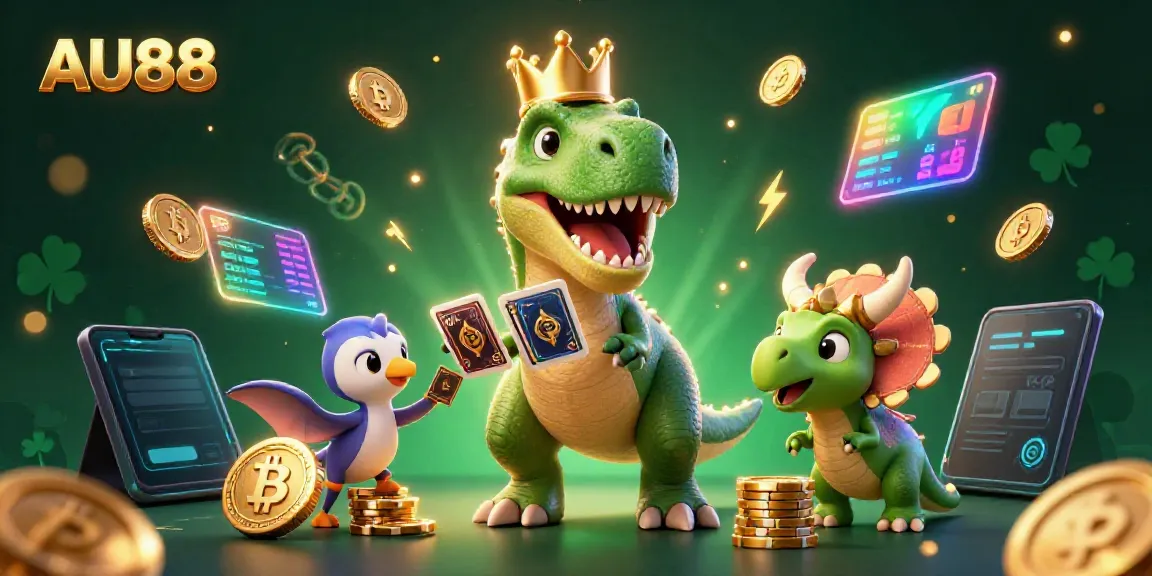 Engaging scene with AU88 characters, T-Rex and friends enjoying casino games surrounded by vibrant graphics.