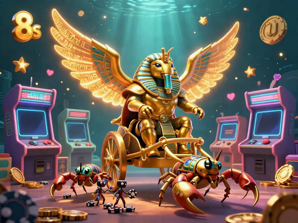 Experience thrilling gaming with 8s featuring a golden scarab and vibrant casino elements.