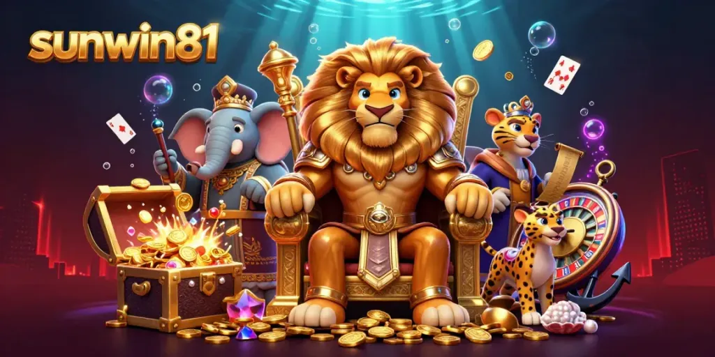 Engage in exciting gameplay at sunwin81 with a captivating scene featuring a lion king, elephant advisor, and cheetah messenger.