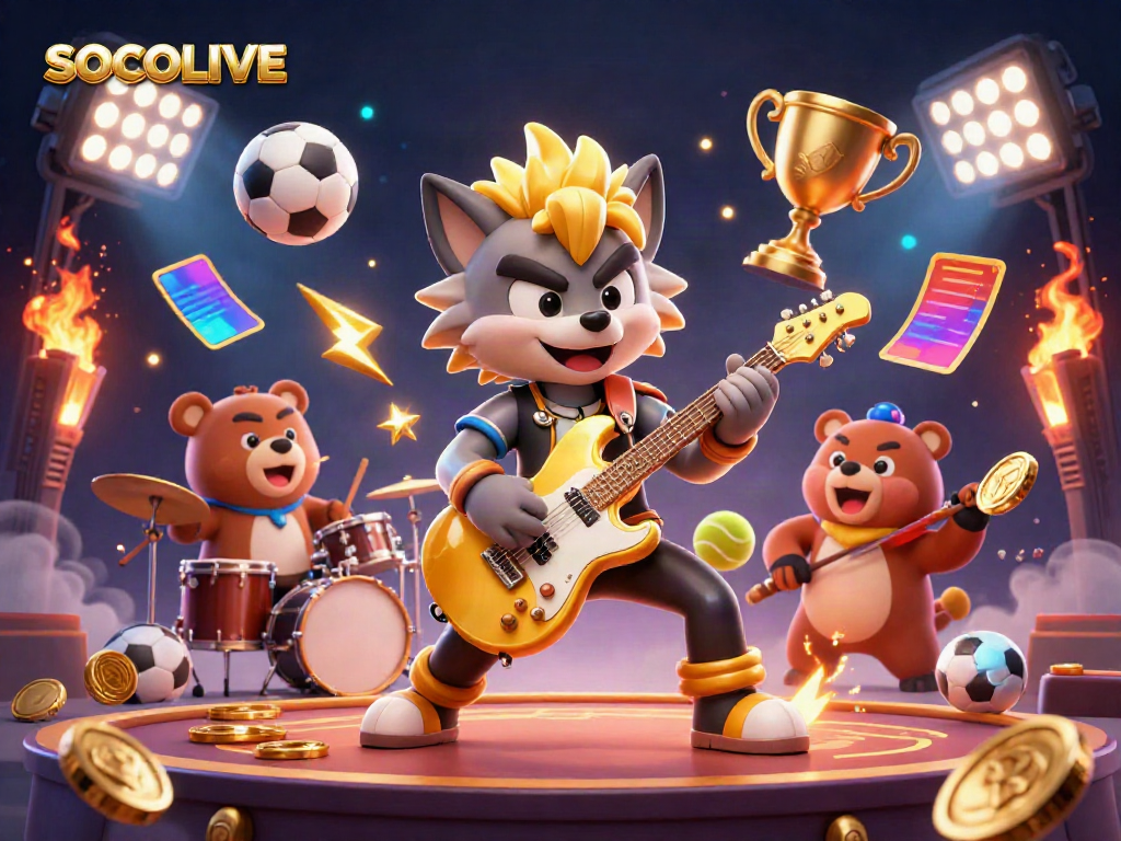 Experience SOCOLIVE live betting action with vibrant characters and dynamic sports elements in a casino setting.