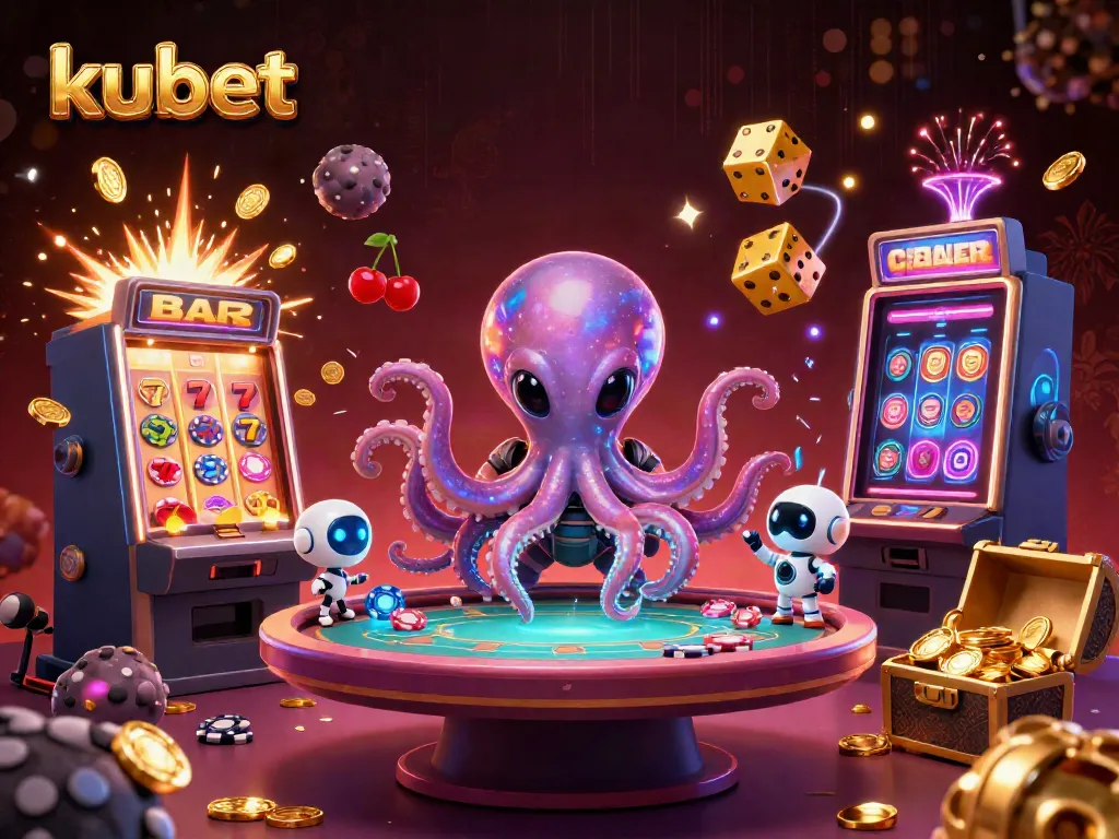 Engage in a thrilling kubet casino adventure with an alien octopus and robot at a holographic poker table.