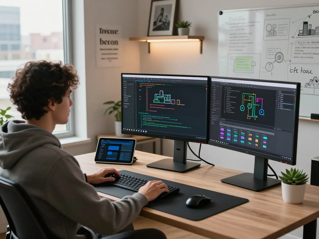 Developer coding in a vibrant workspace showcasing net88 software tools and tech elements.