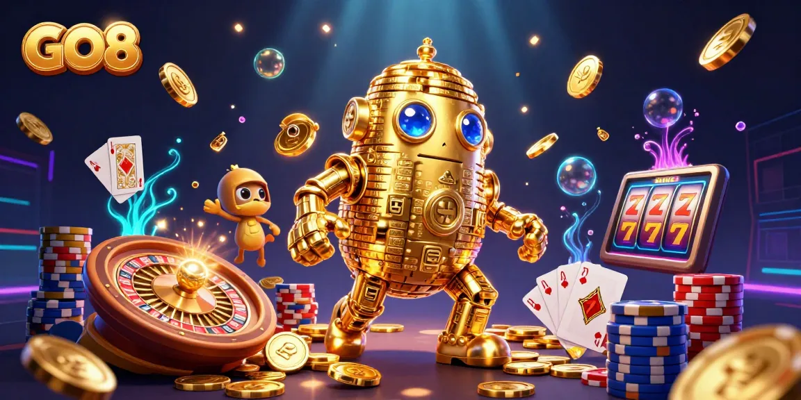 Experience the excitement of GO8 with colorful gaming elements and a golden golem in a vibrant casino atmosphere.