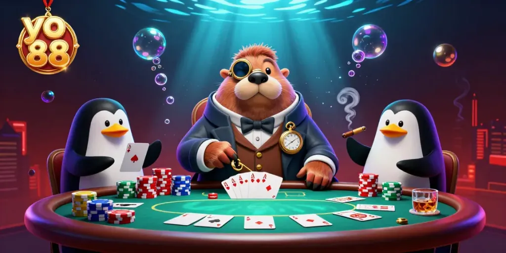 Experience the thrilling poker scene at yo 88 with a jolly walrus and a bluffing pufferfish.