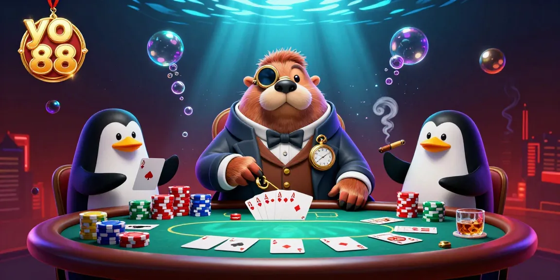 Experience the thrilling poker scene at yo 88 with a jolly walrus and a bluffing pufferfish.