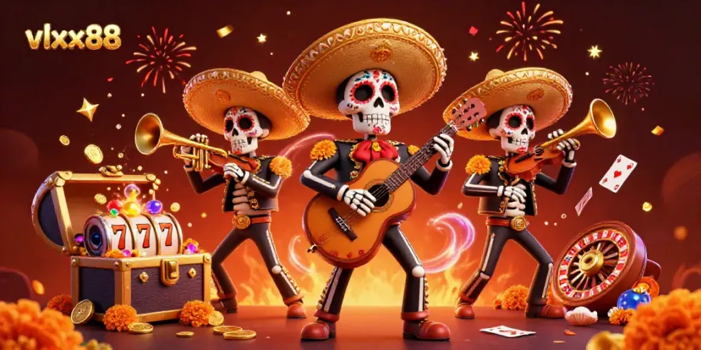 Experience the vibrant casino world of vlxx88 with a lively mariachi band surrounded by treasure and gaming elements.