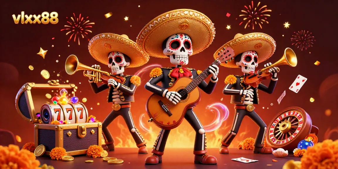 Experience the vibrant casino world of vlxx88 with a lively mariachi band surrounded by treasure and gaming elements.