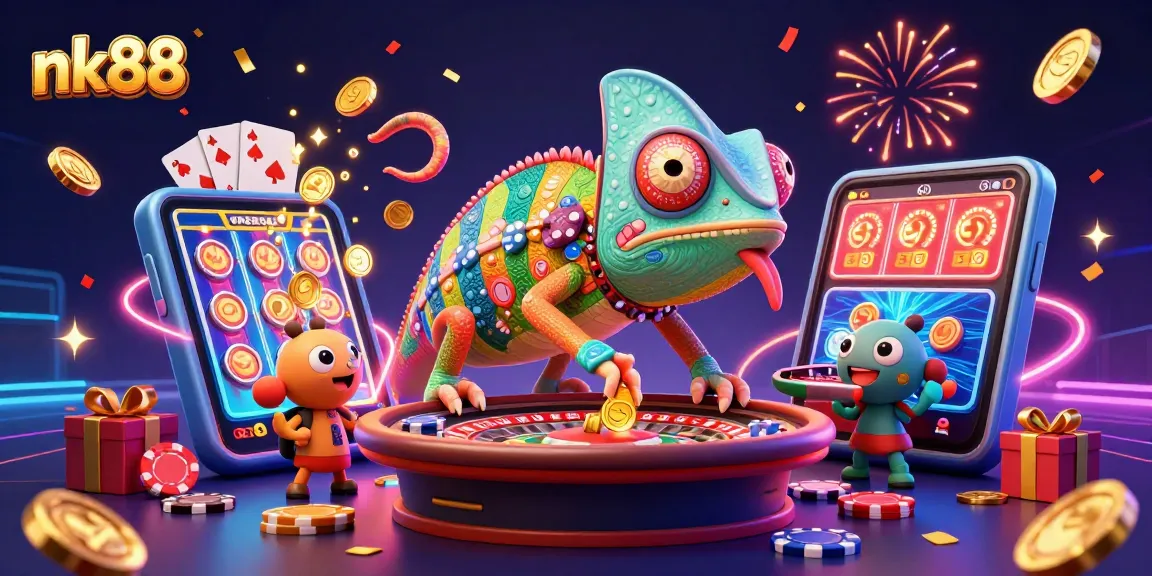 Engage with nk88's vibrant casino universe, featuring a colorful chameleon owner and dynamic gaming elements.