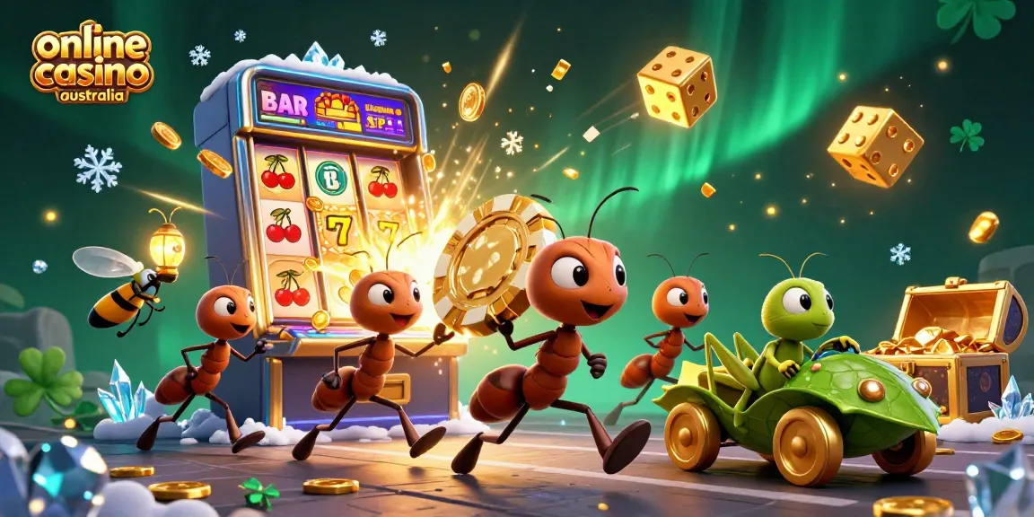 Experience vibrant fun at an online casino Australia with ants in a heist surrounded by dynamic casino elements.