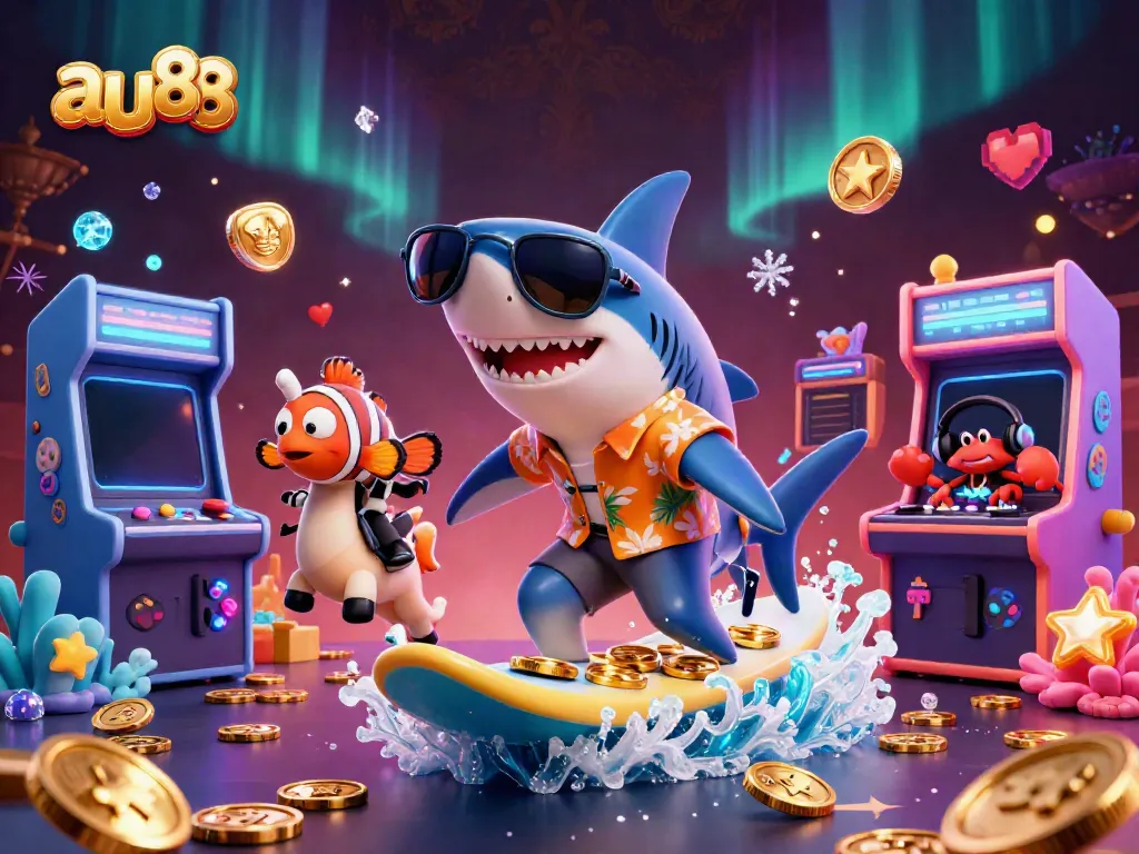 Experience the fun at au88 with a cartoon shark surfing on gold coins in a vibrant casino setting.