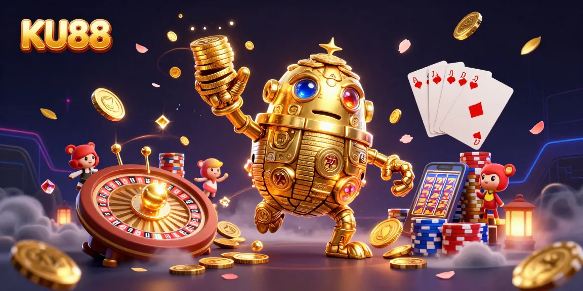 Spin to win with KU88 at an exciting online casino featuring animated gold and casino elements.