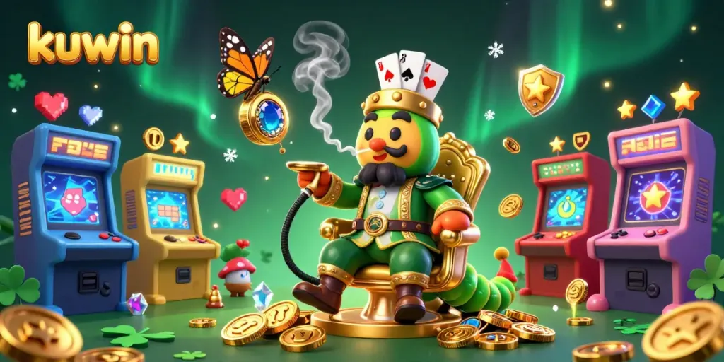 Kuwin's vibrant casino scene showcases a smoking caterpillar in a Turkish outfit surrounded by game elements.