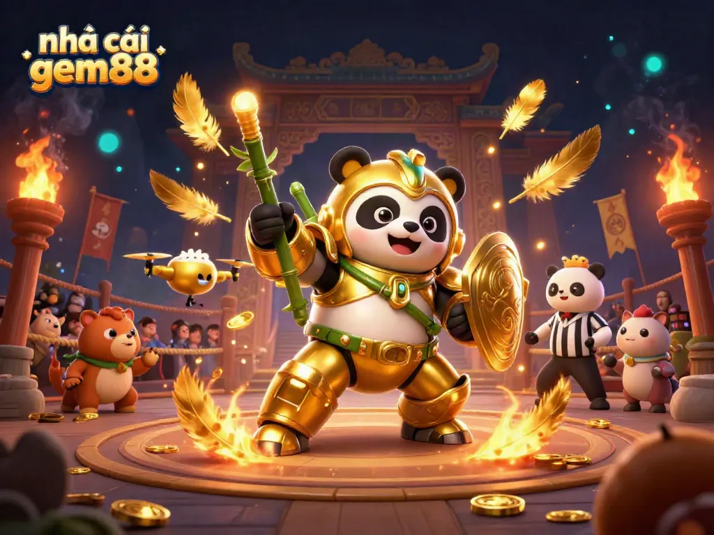 Experience thrilling action with nhà cái gem88 featuring a golden panda in a mech-suit fighting robot amidst a vibrant arena.