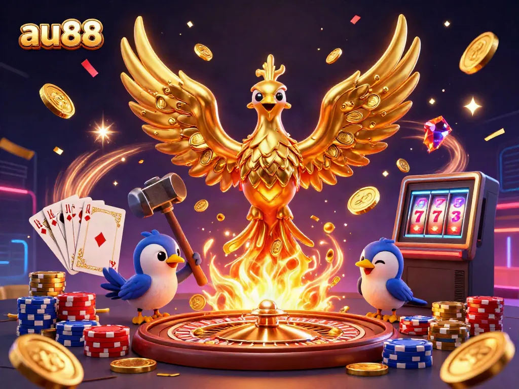 Experience the thrill of au88 with golden phoenix and dazzling casino elements in a dynamic digital art scene.