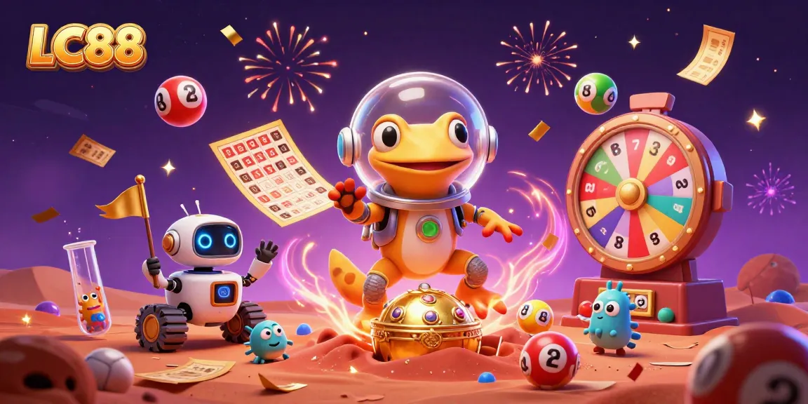 LC88 Martian gecko and robot rover celebrate in a vibrant casino adventure.