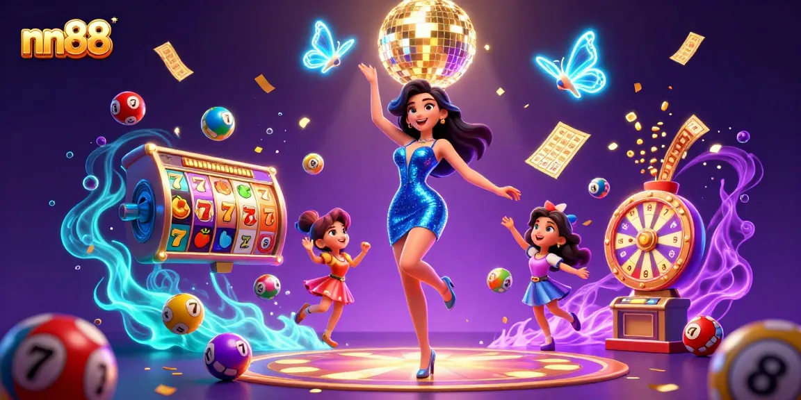 Engage with nn88's vibrant casino scene filled with thrilling slot elements, dynamic lottery balls, and festive energy.