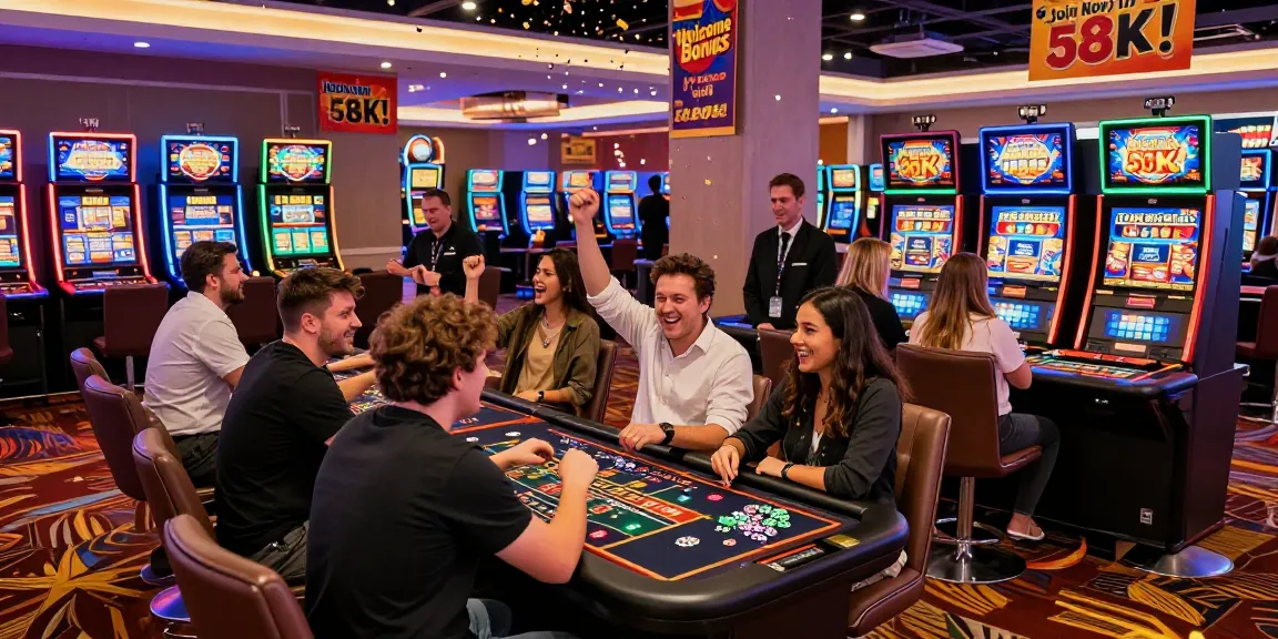 KO66 casino promotion scene with vibrant gaming atmosphere and excited players celebrating welcome bonus.